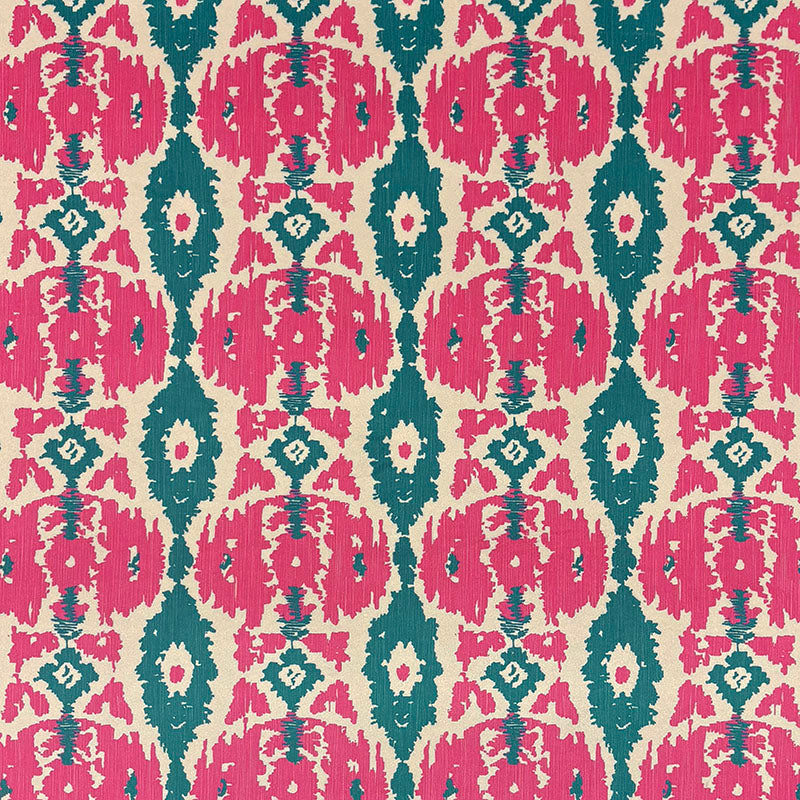 Kilim No.32 flat Crib5 velvet upholstery fabric with pink and teal ikat-style Kilim design