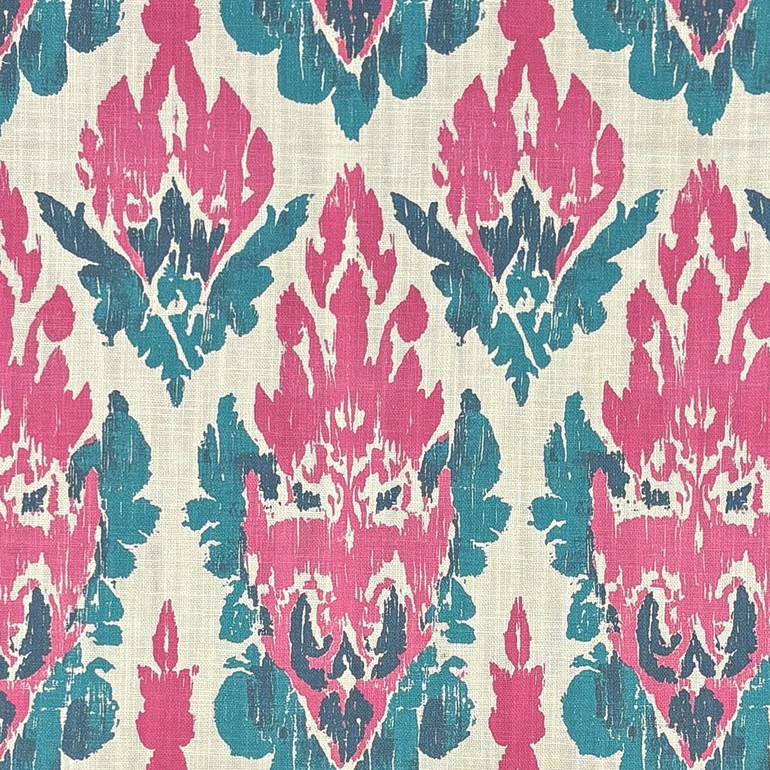 Kilim No.33 pink and teal ikat pattern upholstery fabric flat sample