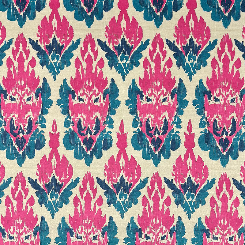 Flat image of Kilim No.33 Crib5 velvet with pink and teal Kilim design in a soft geometric repeat