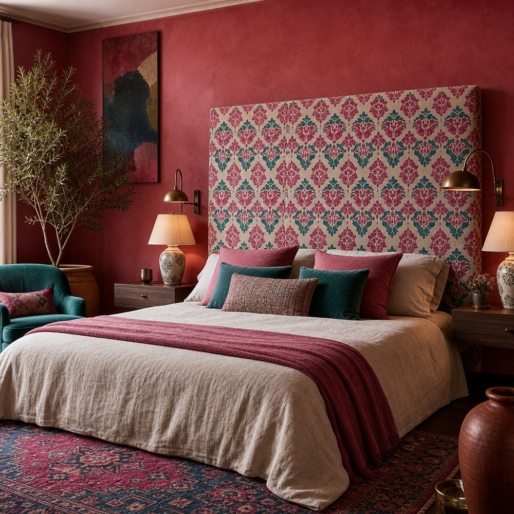Kilim No.34 headboard in Crib5 velvet, featuring pink and teal Kilim design for colourful upholstery