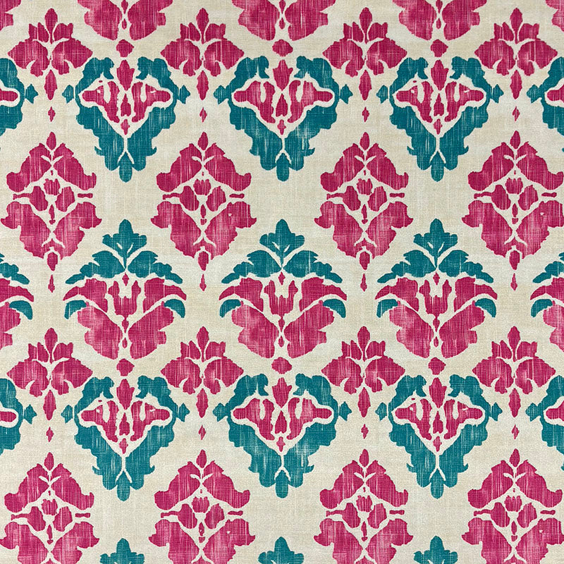 Kilim No.34 Crib5 velvet flat swatch showing a pink and teal Kilim design with painterly movement