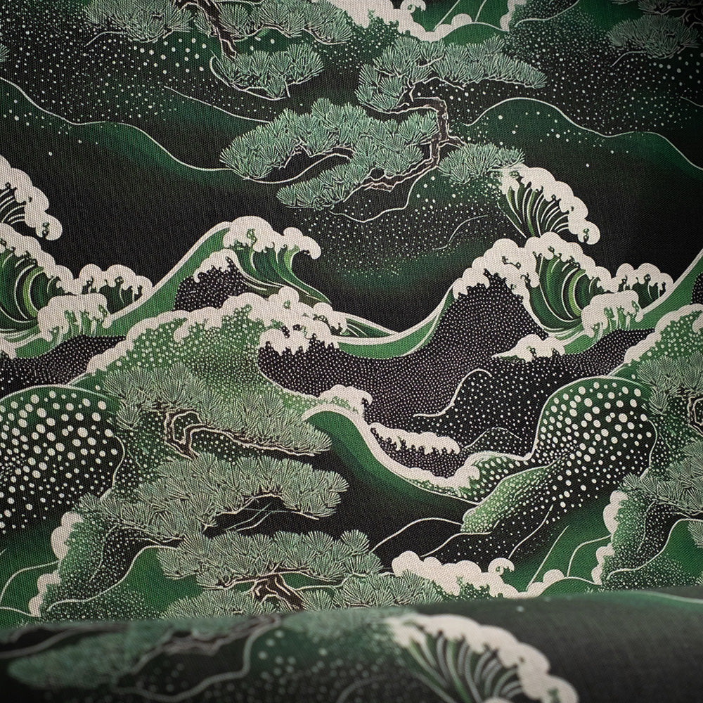 Japanese-inspired upholstery fabric with deep green waves and pine trees – Kintsu No.3