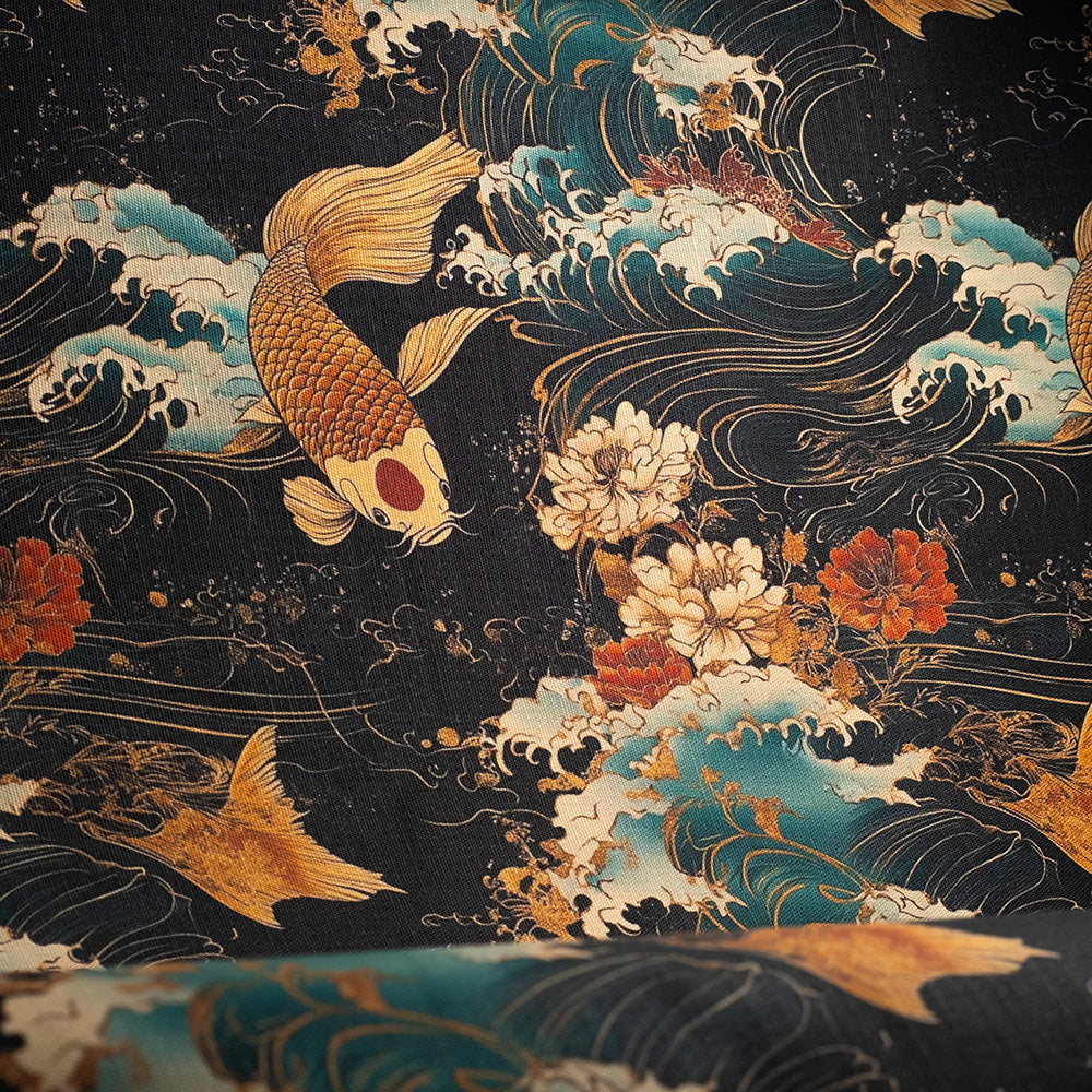 Statement Japanese textile with koi fish, ocean waves, and peony flowers