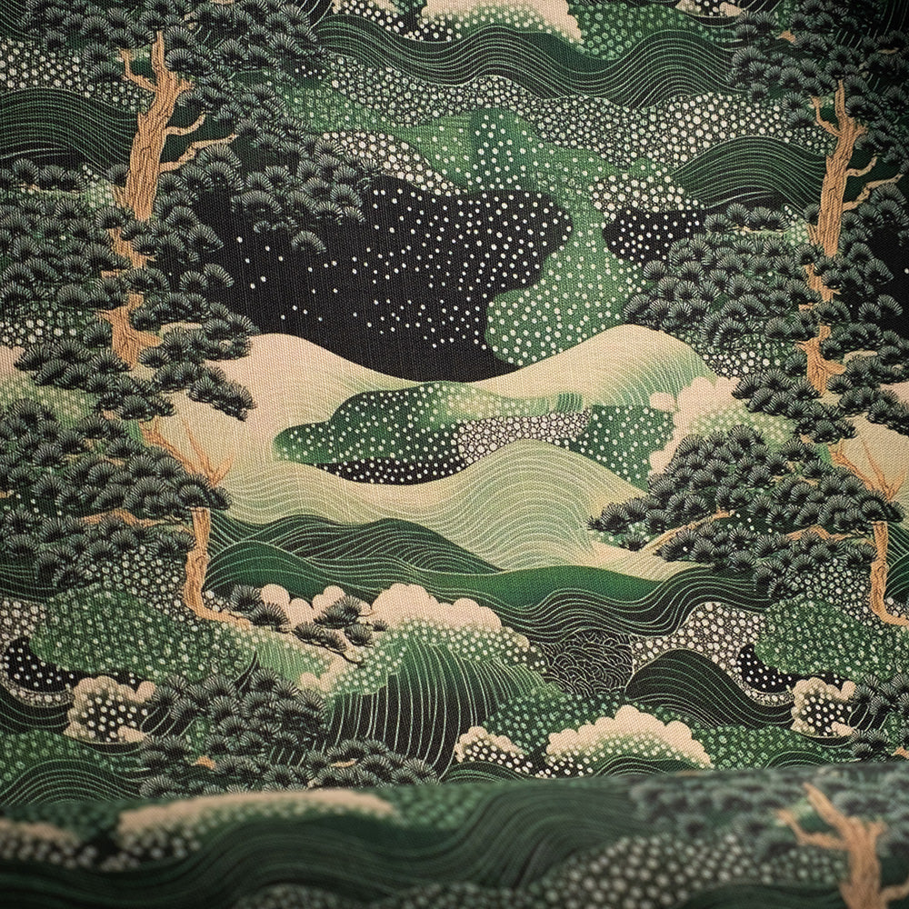 Statement Japanese landscape upholstery fabric with pine trees and organic textures