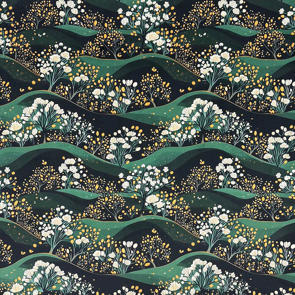 Kintsu No.10 green Japanese landscape velvet upholstery fabric swatch with floral and hill motif