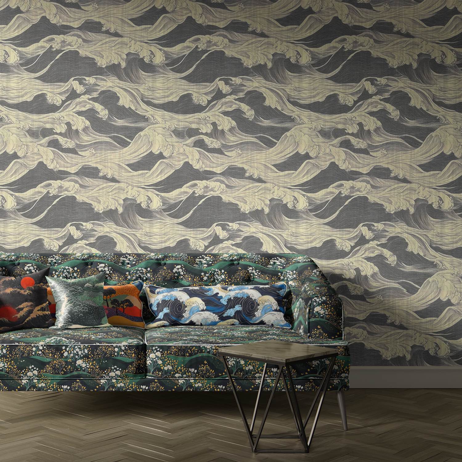 Kintsu No.10 velvet upholstery fabric styled on sofa with Japanese floral design in green and gold tones