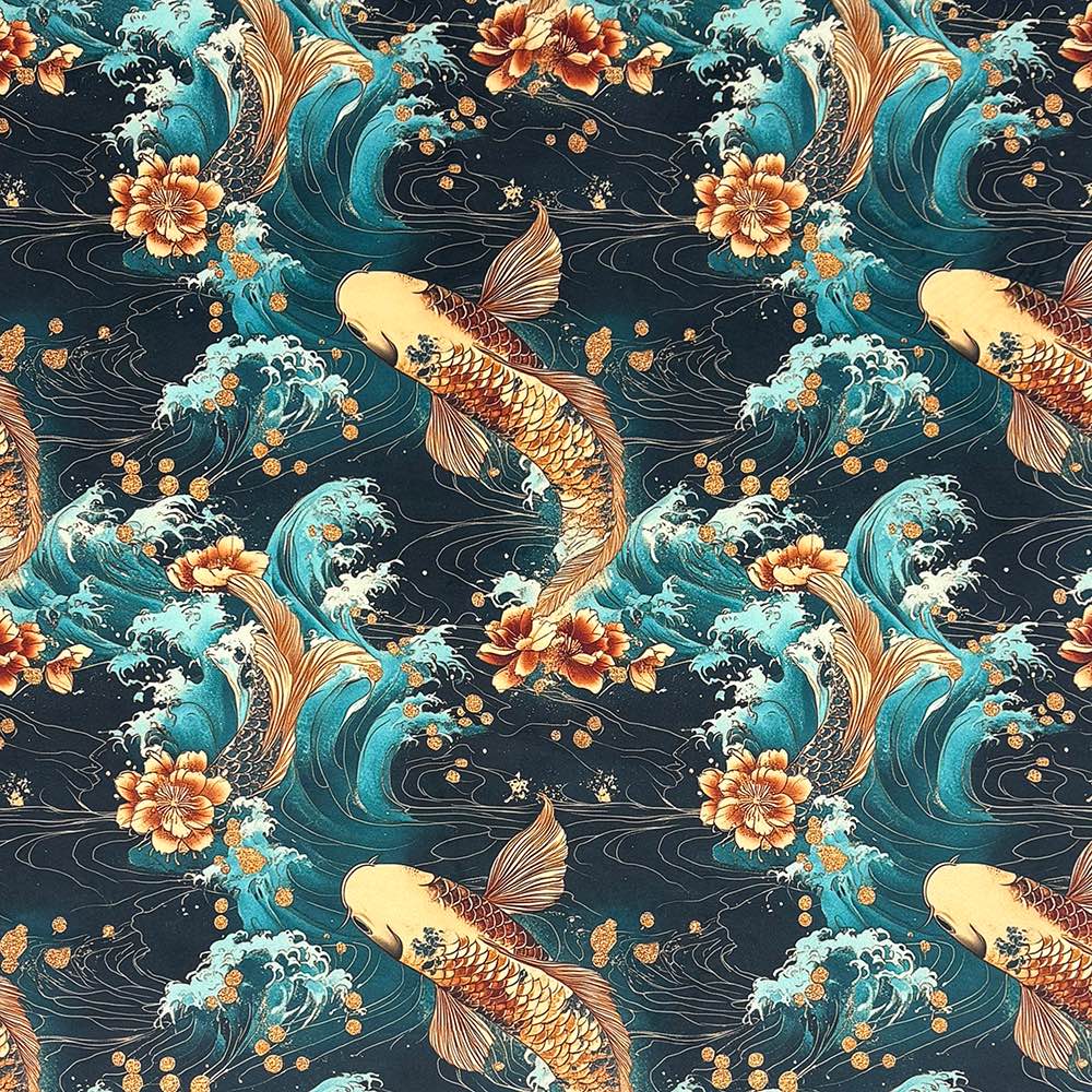 Kintsu No.11 blue koi and waves pattern velvet upholstery fabric
