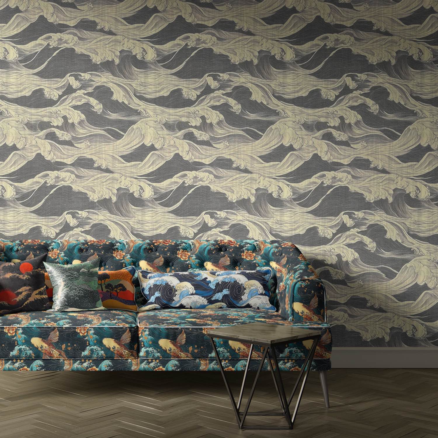 Kintsu No.11 velvet upholstery fabric on sofa with koi fish and waves