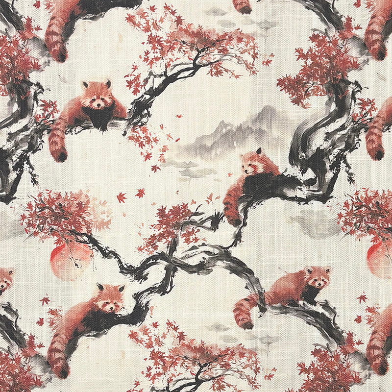 Kintsu No.12 cream and terracotta Japanese upholstery fabric with red pandas, maple branches and misty mountains
