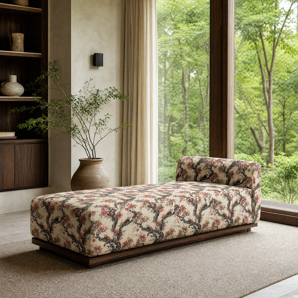 Kintsu No.13 Japanese red panda upholstery fabric displayed on a statement bench in warm red and cream