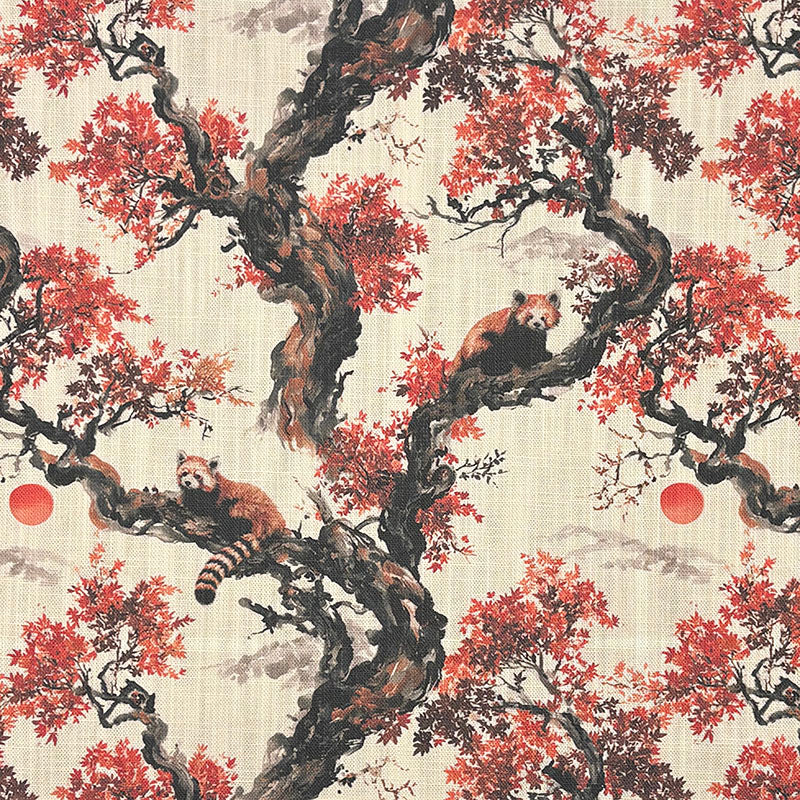 Kintsu No.13 red and cream Japanese upholstery fabric with red pandas in a dramatic maple tree landscape