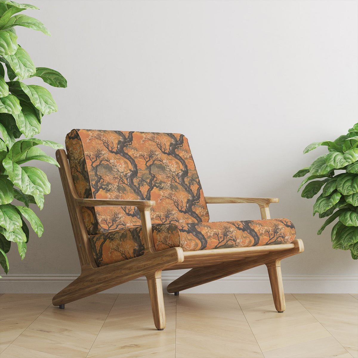 Kintsu No.16 Japanese floral upholstery fabric in orange and brown styled on a statement chair