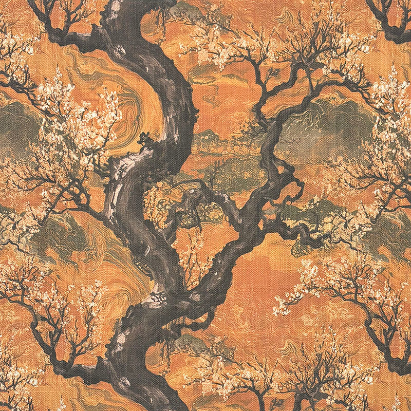 Kintsu No.16 orange and brown Japanese blossom upholstery fabric with ancient trees, ivory flowers and distant hills