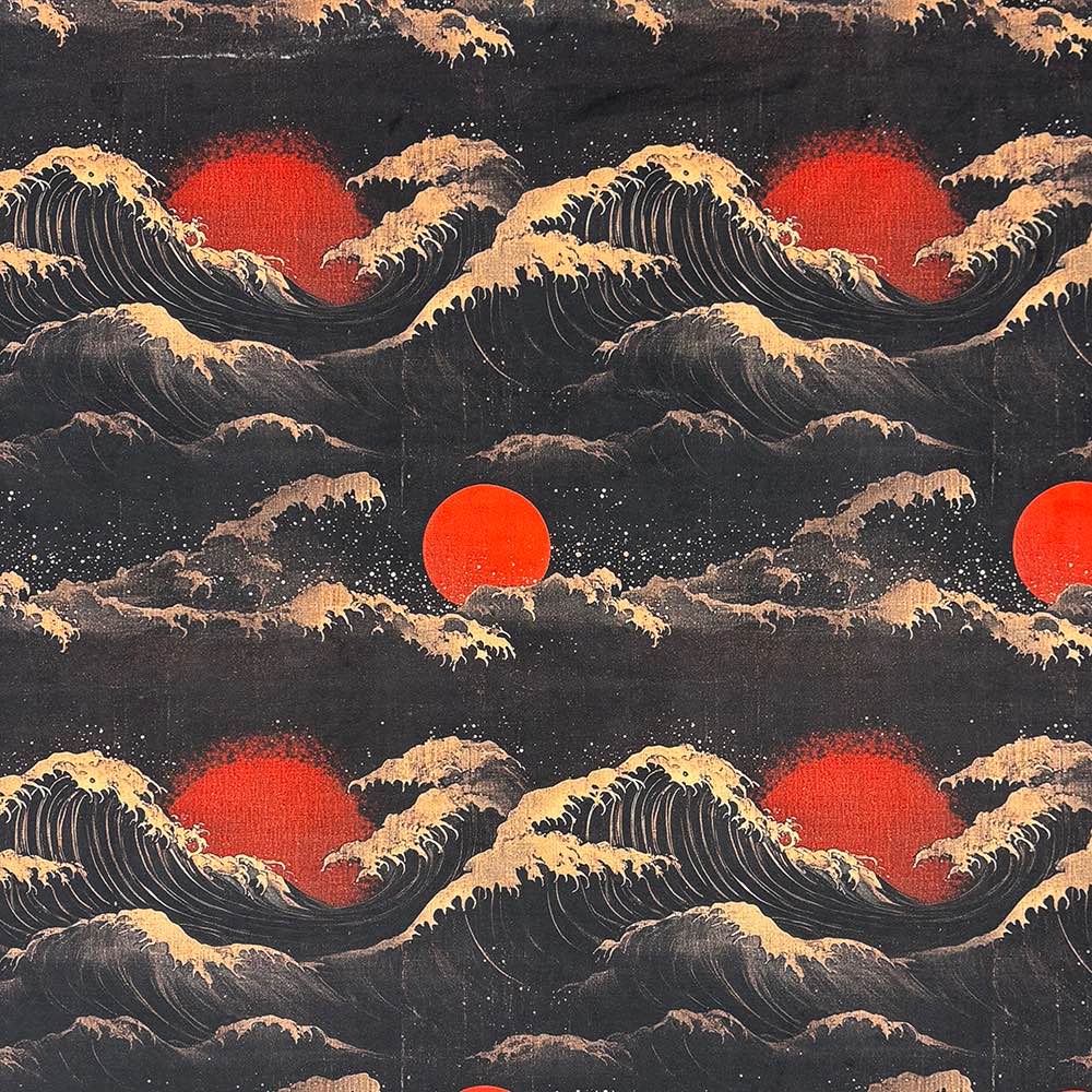 Close-up of Kintsu No.1 Japanese velvet upholstery fabric with bold red suns and crashing waves on a black background