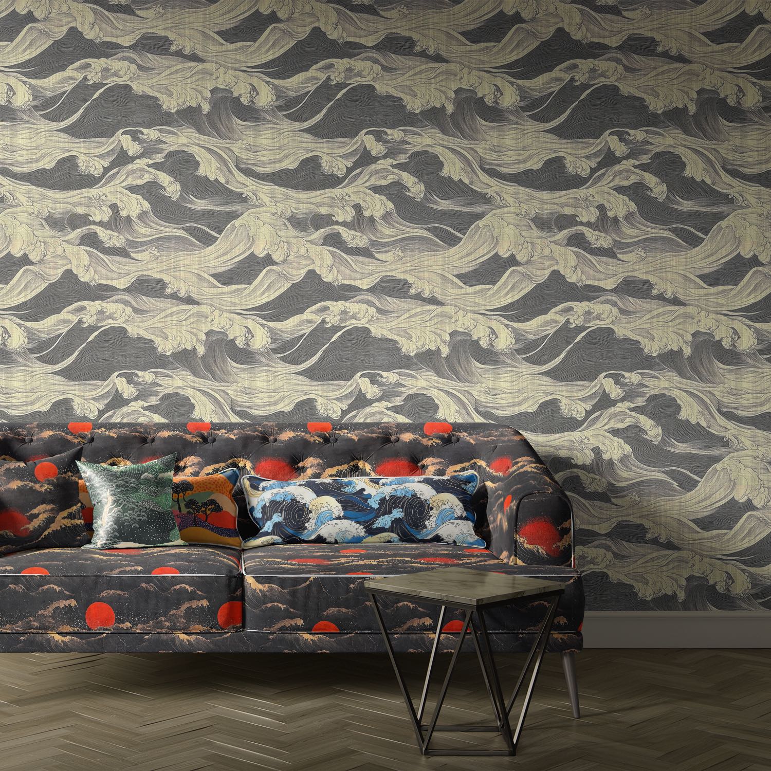 Kintsu No.1 Japanese velvet upholstery fabric made into a tufted sofa with dramatic red sun and wave design