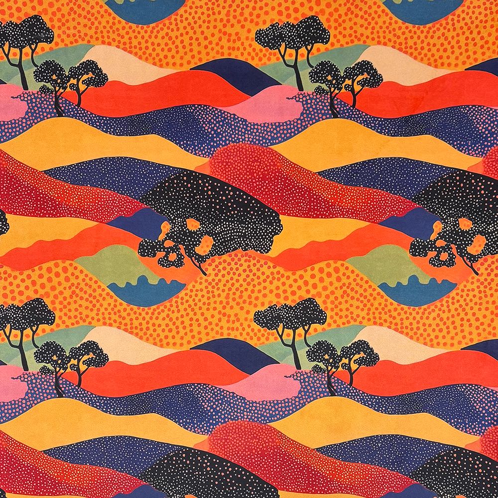 Kintsu No.5 velvet upholstery fabric with Japanese-inspired multicoloured scenic landscape pattern