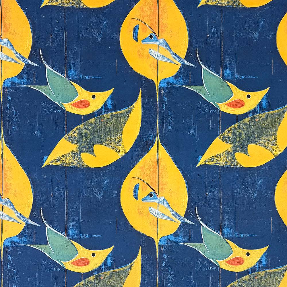 Kintsu No.6 Japanese velvet upholstery fabric with bold blue background and yellow leaf motifs