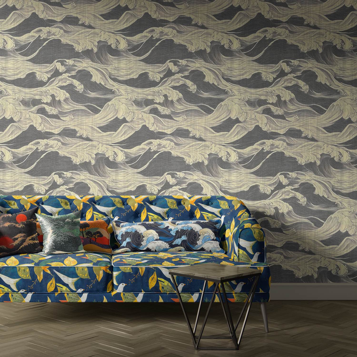Blue velvet upholstery fabric with yellow bird and leaf motifs on a sofa in front of a wave-patterned wallpaper