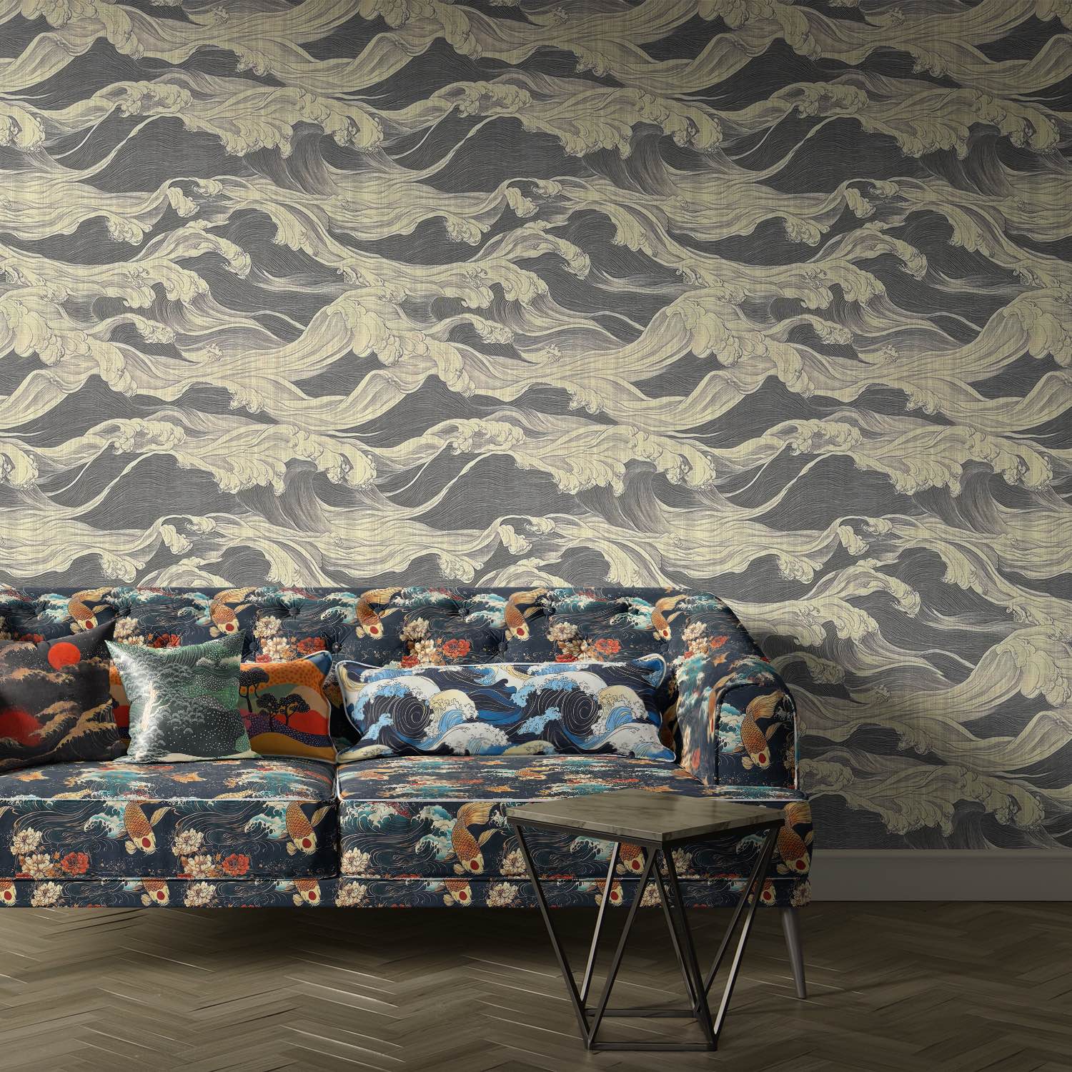 Kintsu No.8 Japanese velvet upholstery fabric on sofa with koi, wave, and floral motif