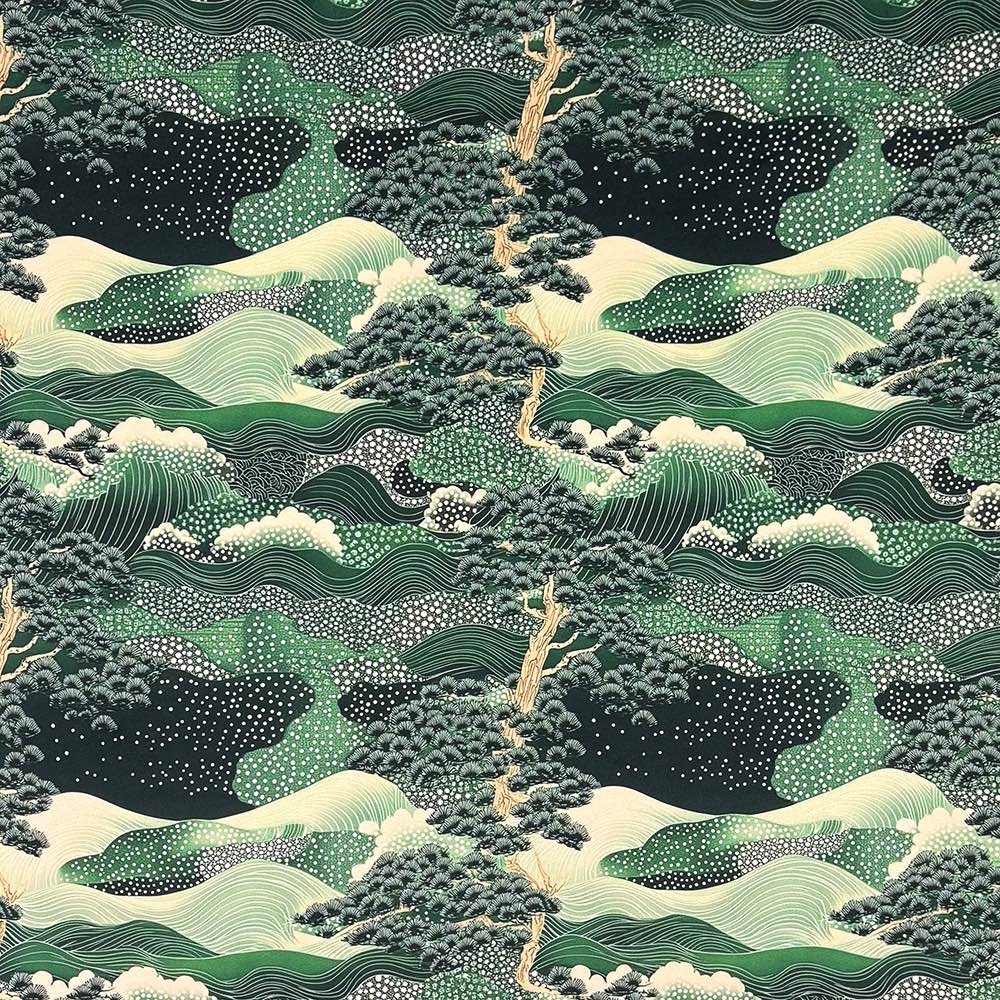 Flat image showing Japanese green mountain landscape design on velvet upholstery fabric