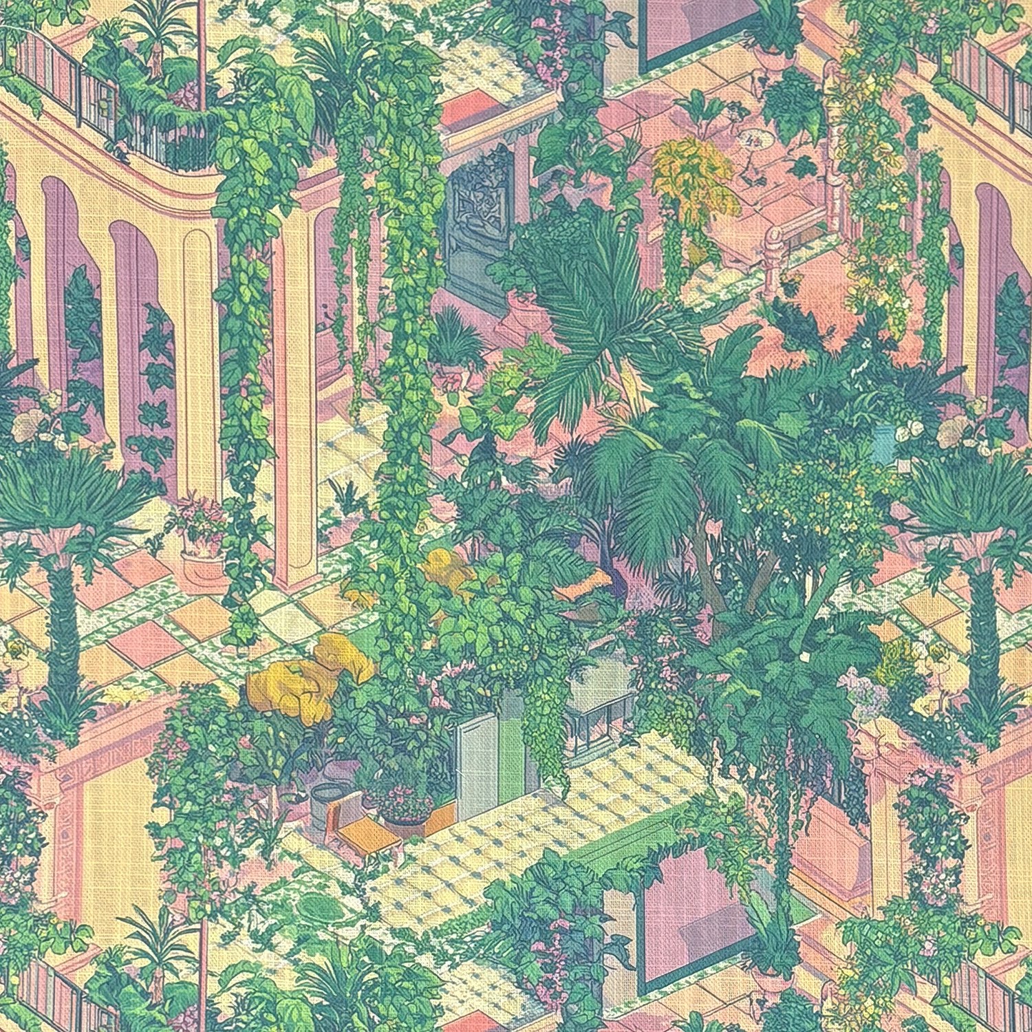 Labyrinth No.1 curtain fabric flat view showing interlocking maze pattern with green foliage and pastel architectural details