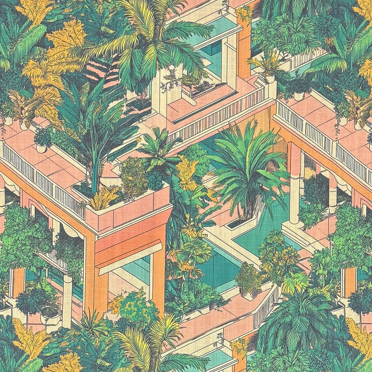 Labyrinth No.4 curtain fabric with interlocking maze pattern in green architectural tones