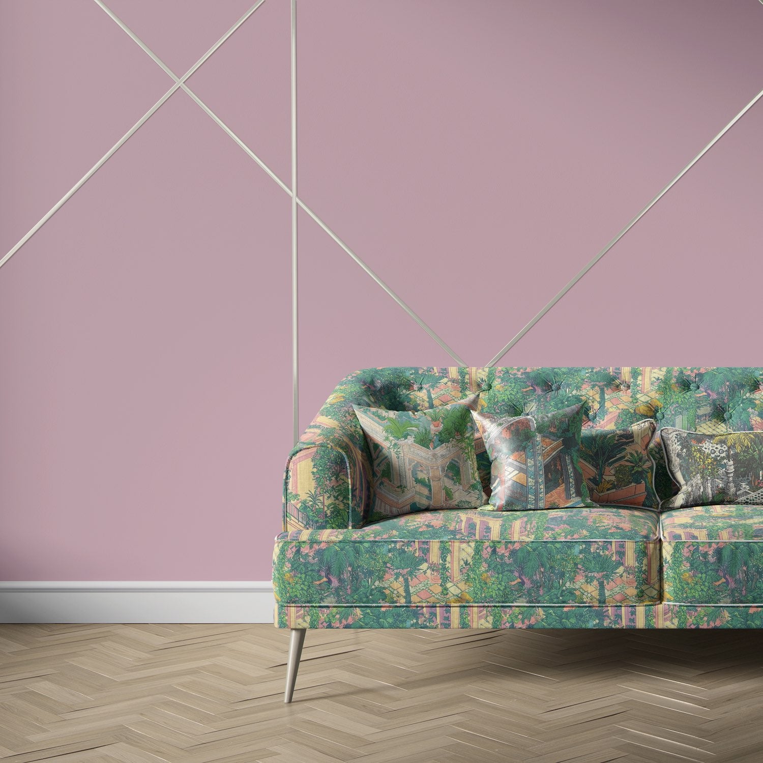 Sofa upholstered in Labyrinth No.1 green upholstery fabric with surreal architectural garden scene