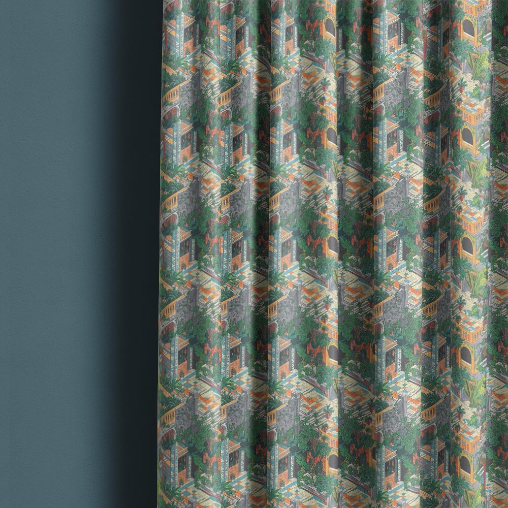 Labyrinth No.3 curtain fabric displayed as full-length curtains with layered geometric design