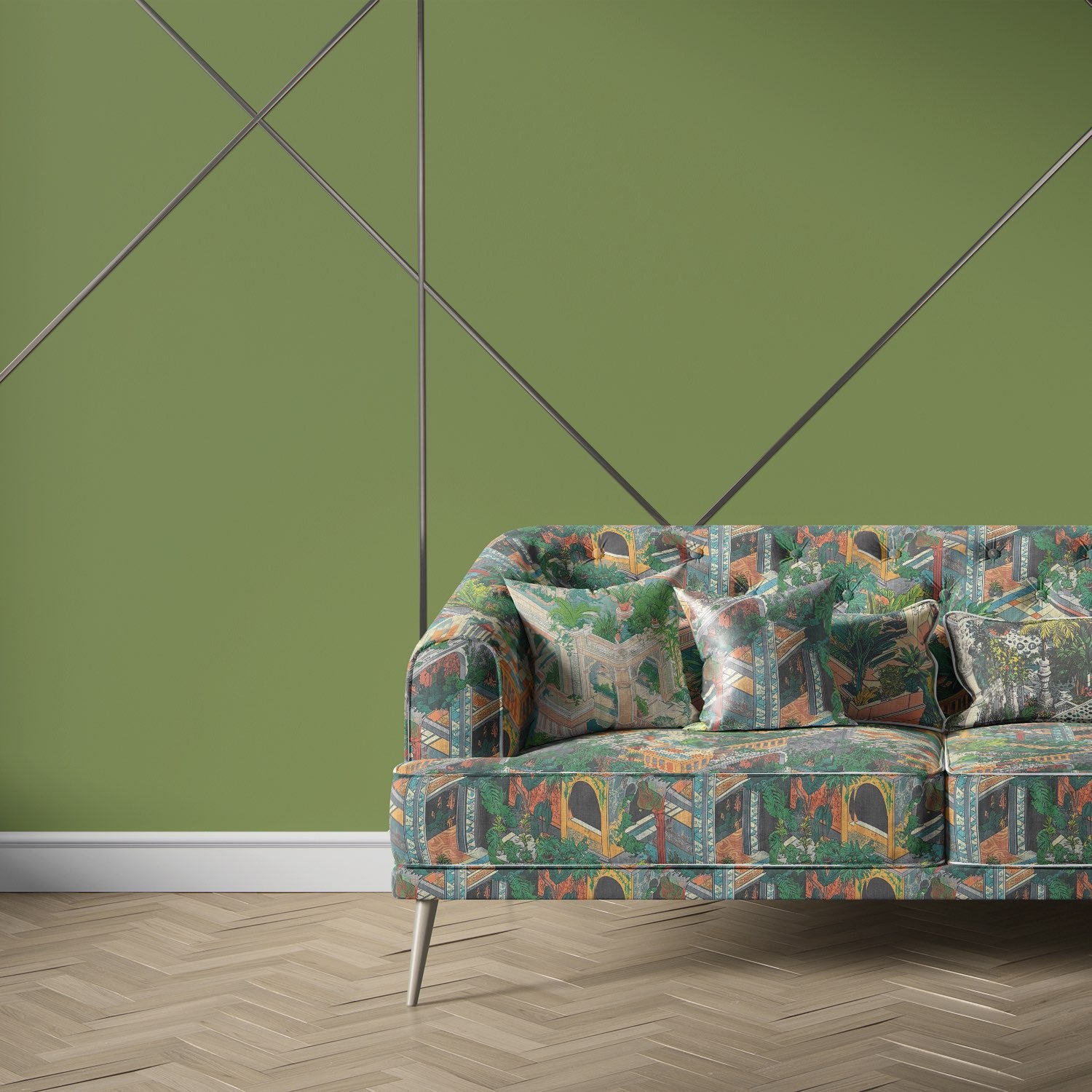 Labyrinth Upholstery Fabric No.3 sofa image – scenic patterned upholstery fabric in green, terracotta, and ochre tones