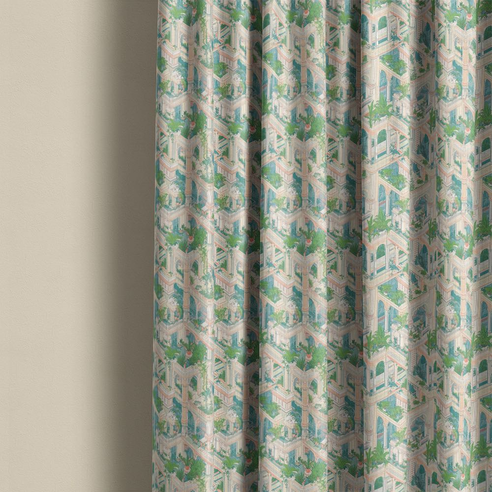 Labyrinth No.6 curtain fabric with layered geometric design shown as full length curtains