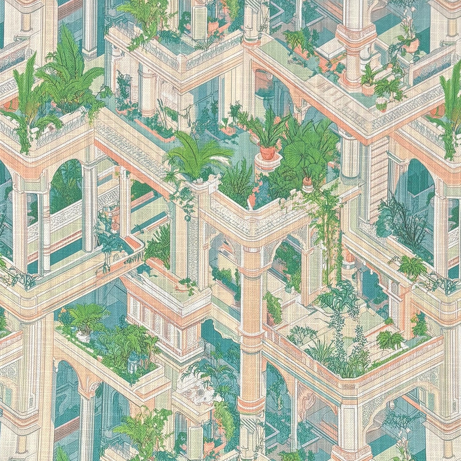 Labyrinth No.6 upholstery fabric flat view – scenic architectural garden design