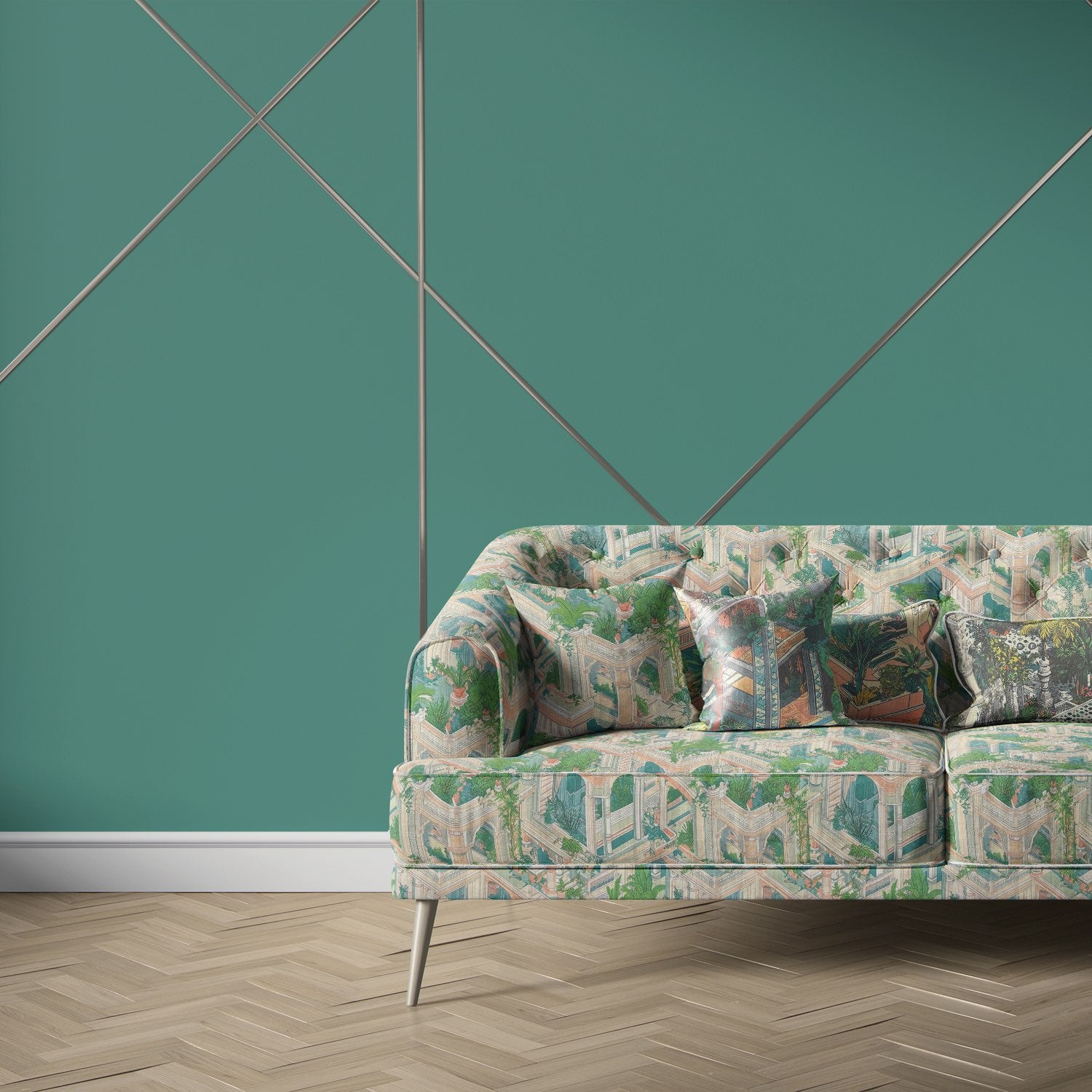 Labyrinth No.6 upholstery fabric on sofa – scenic botanical pattern
