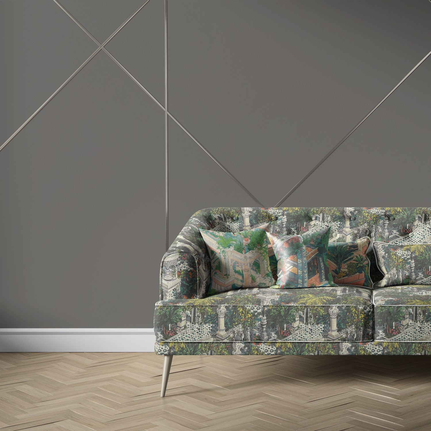 Labyrinth Upholstery Fabric No.7 on sofa – floral and architectural patterned upholstery fabric