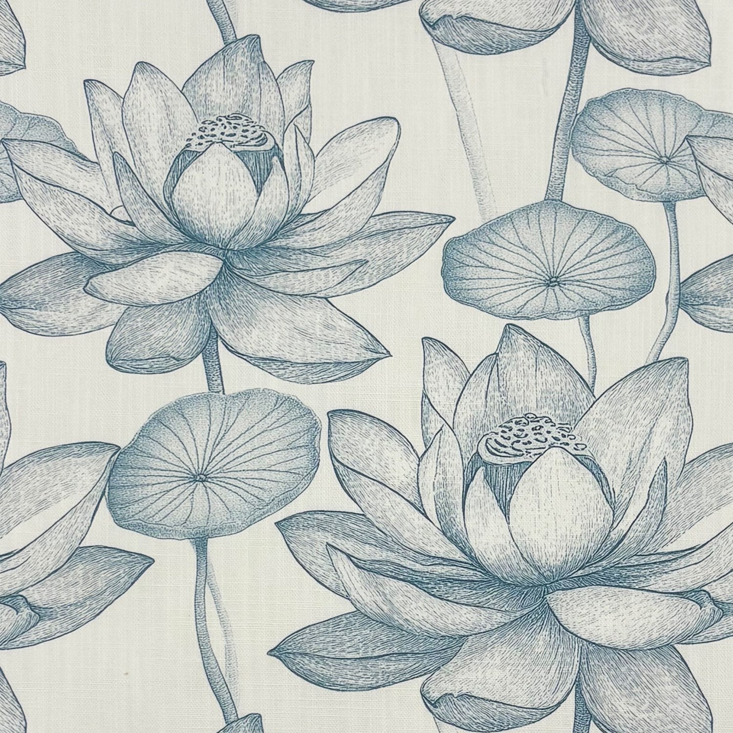 Flat lay of Lotus No.10 soft blue floral upholstery fabric on a natural-toned background