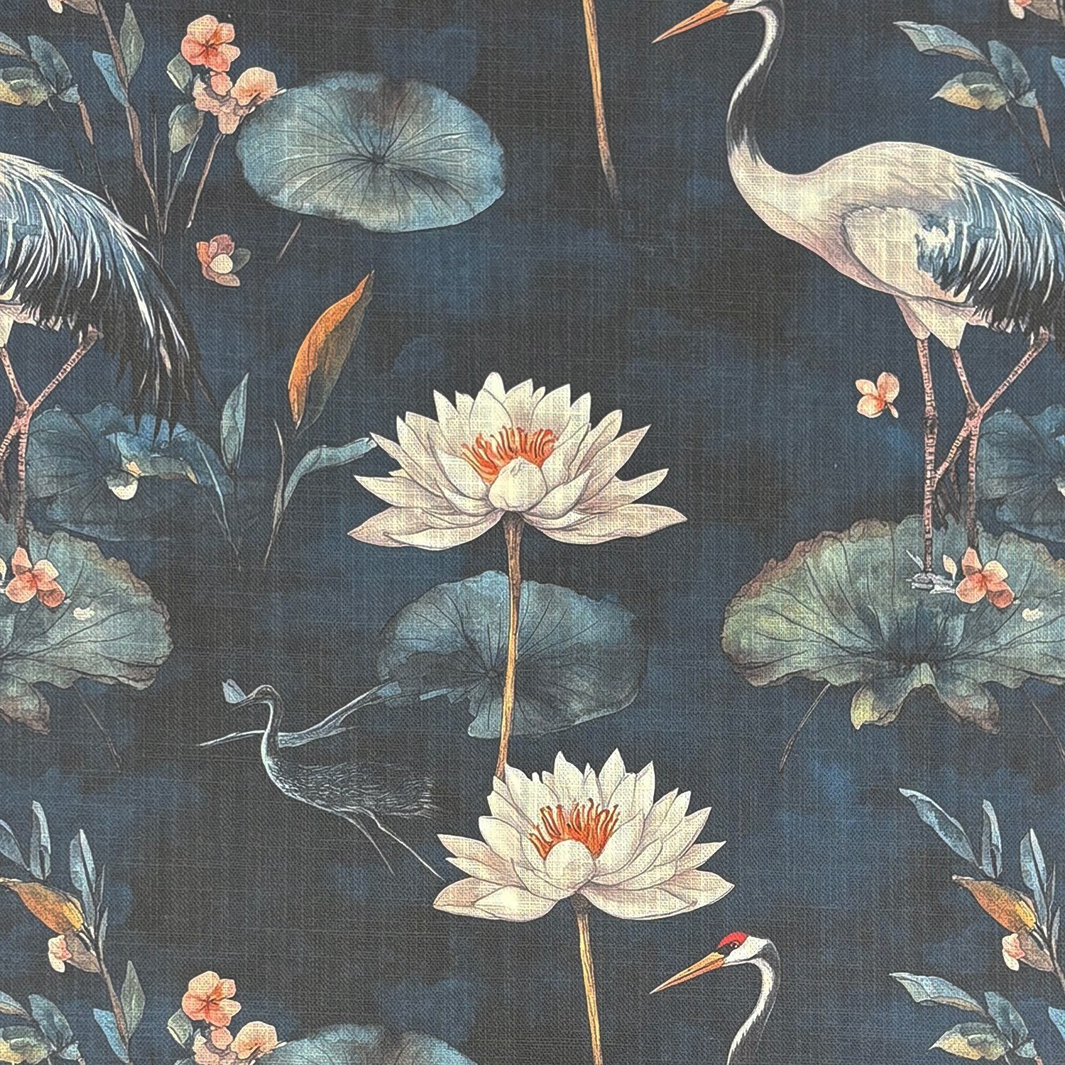 Flat image of Lotus No.1 floral upholstery fabric with cranes and lotus on navy background