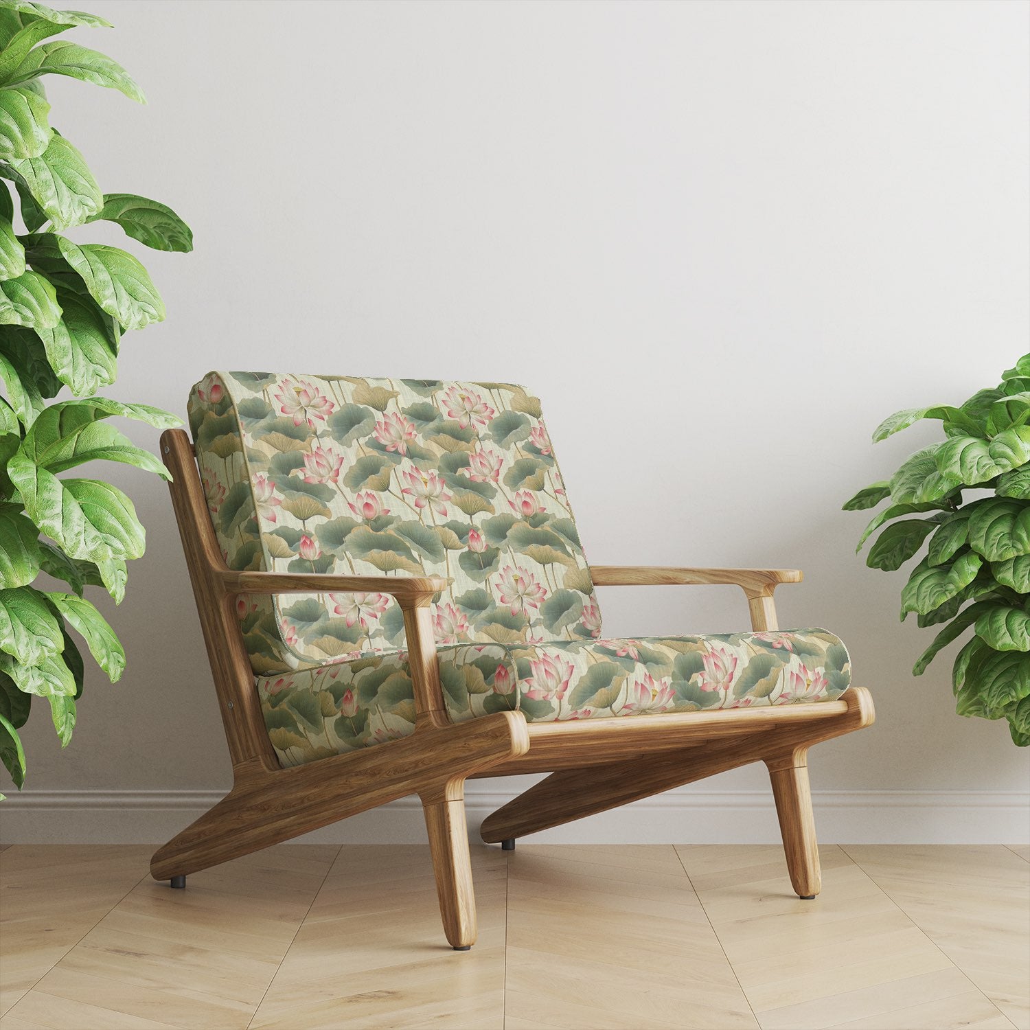 Lotus No.2 upholstery fabric styled on a mid-century wooden lounge chair
