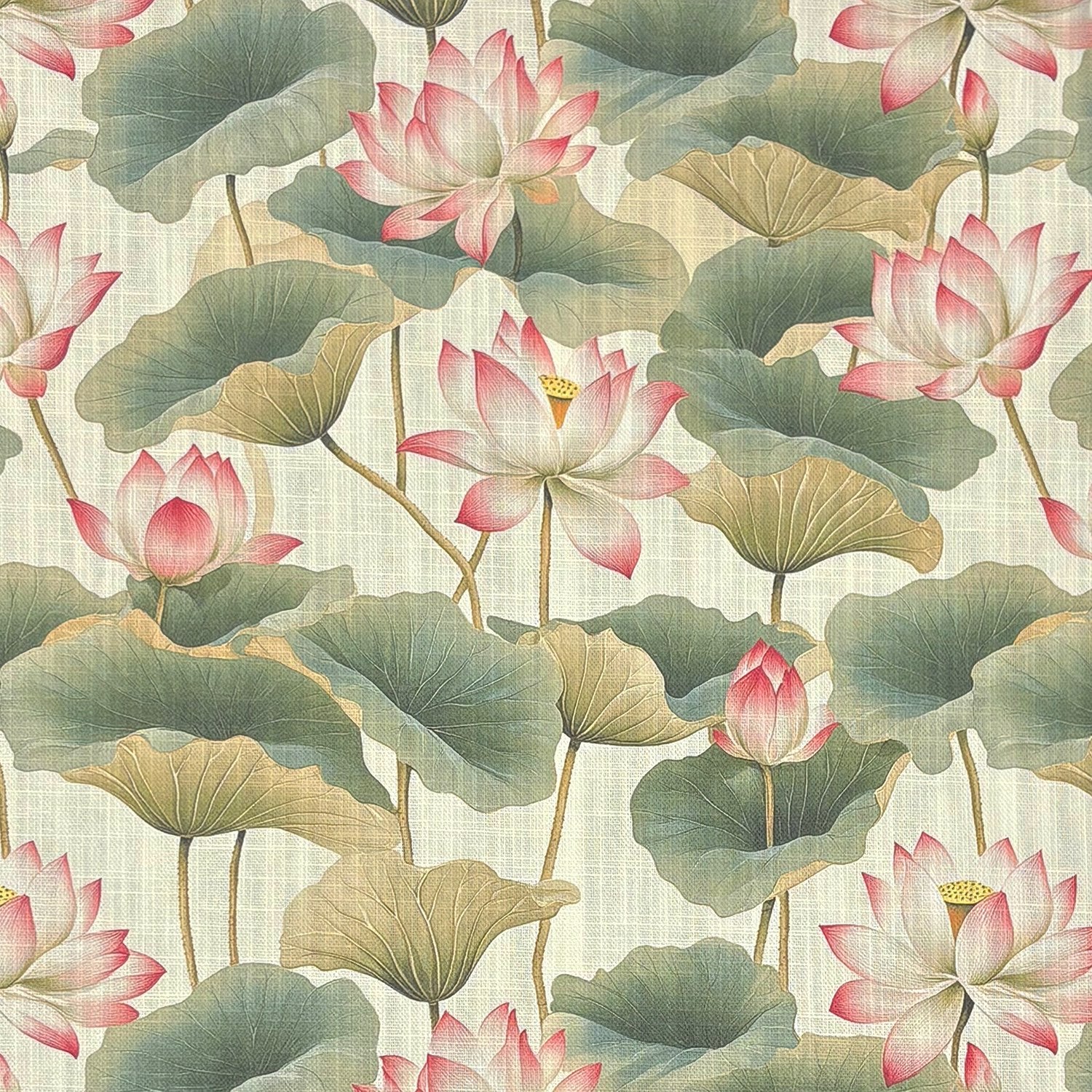 Flat fabric image of Lotus No.2 floral upholstery fabric in pink and green