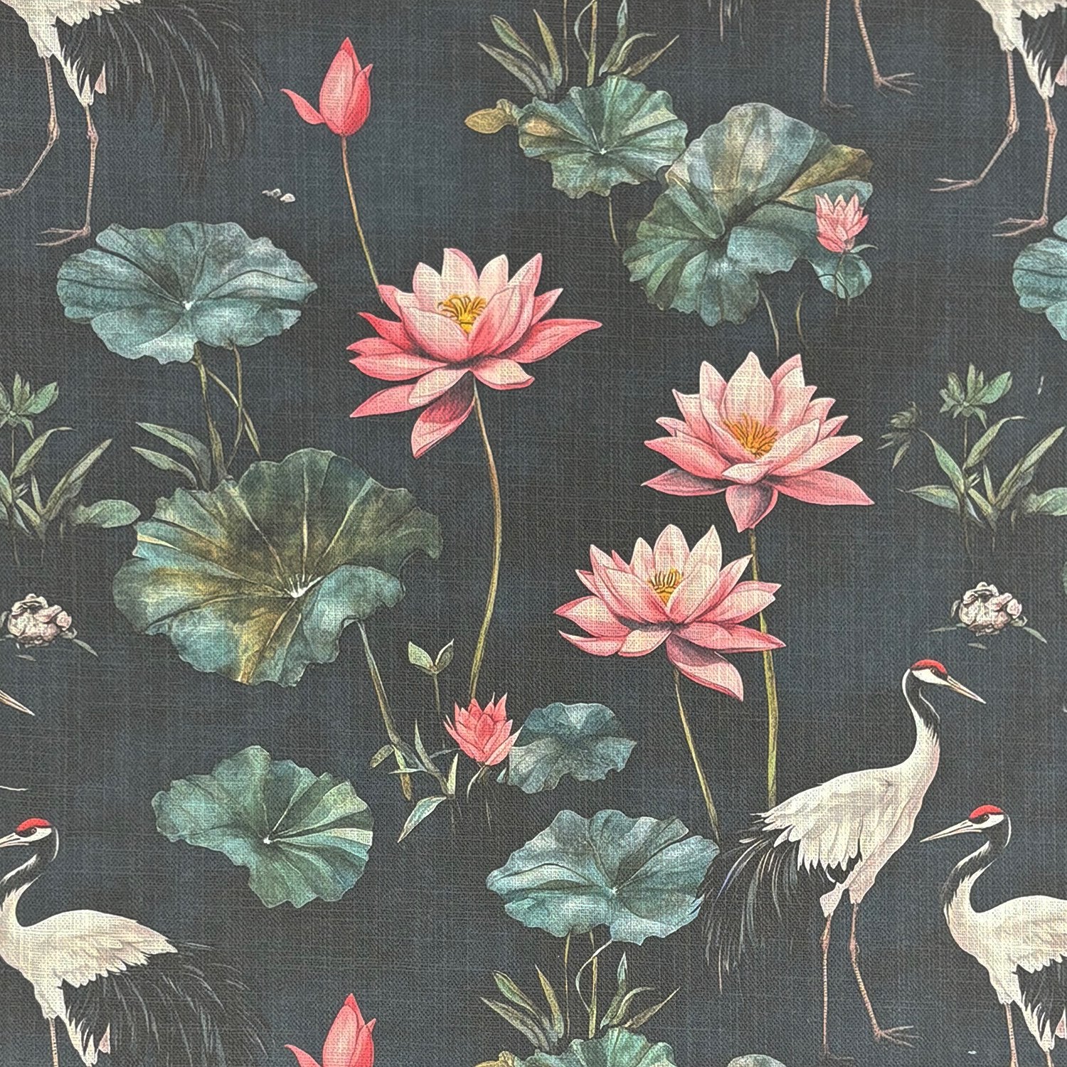 Lotus No.3 luxury floral linen curtain fabric with pink lotus flowers, green lily pads and cranes on dark charcoal ground
