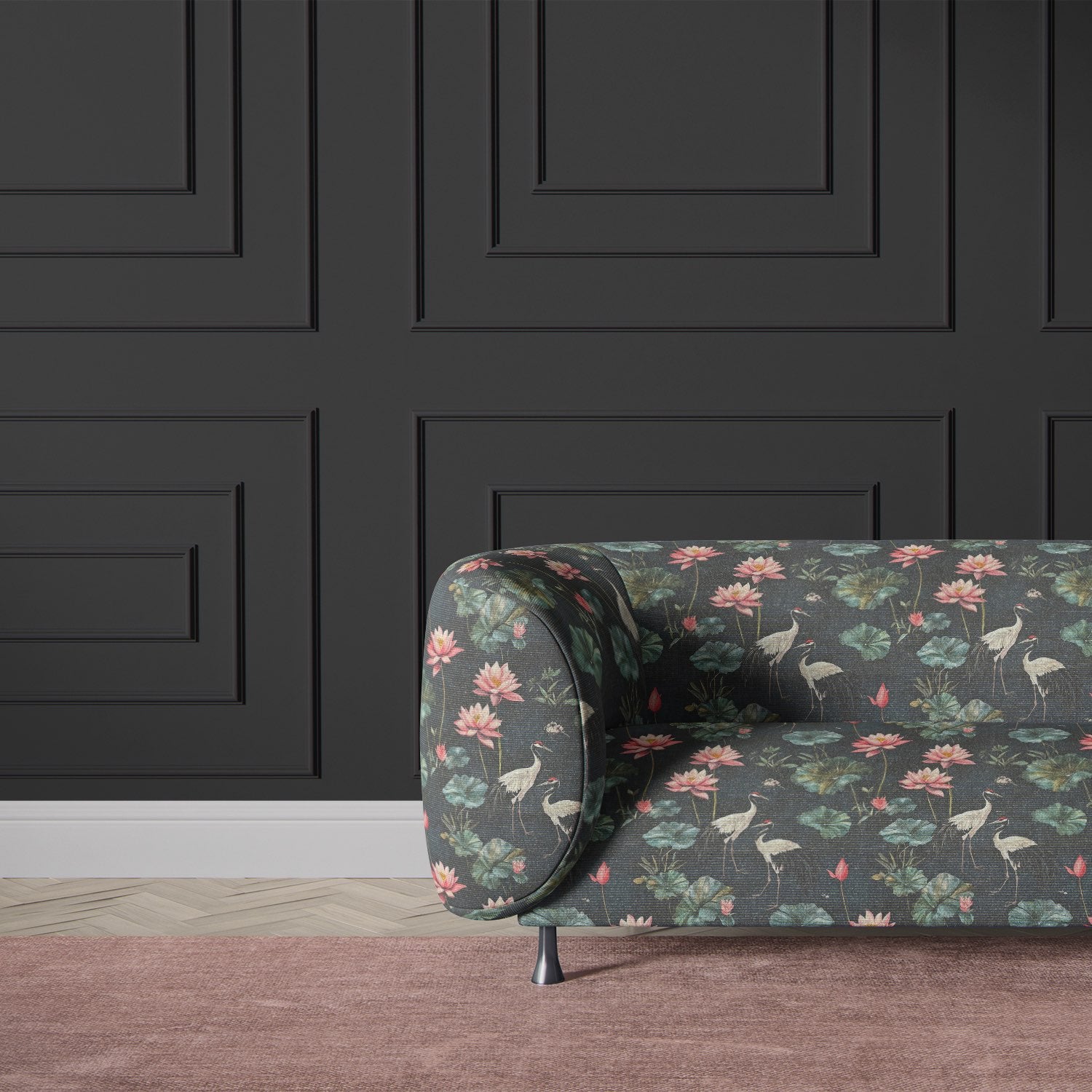 Upholstered sofa in Lotus Upholstery Fabric No.3 – floral upholstery fabric with cranes and lotus flowers