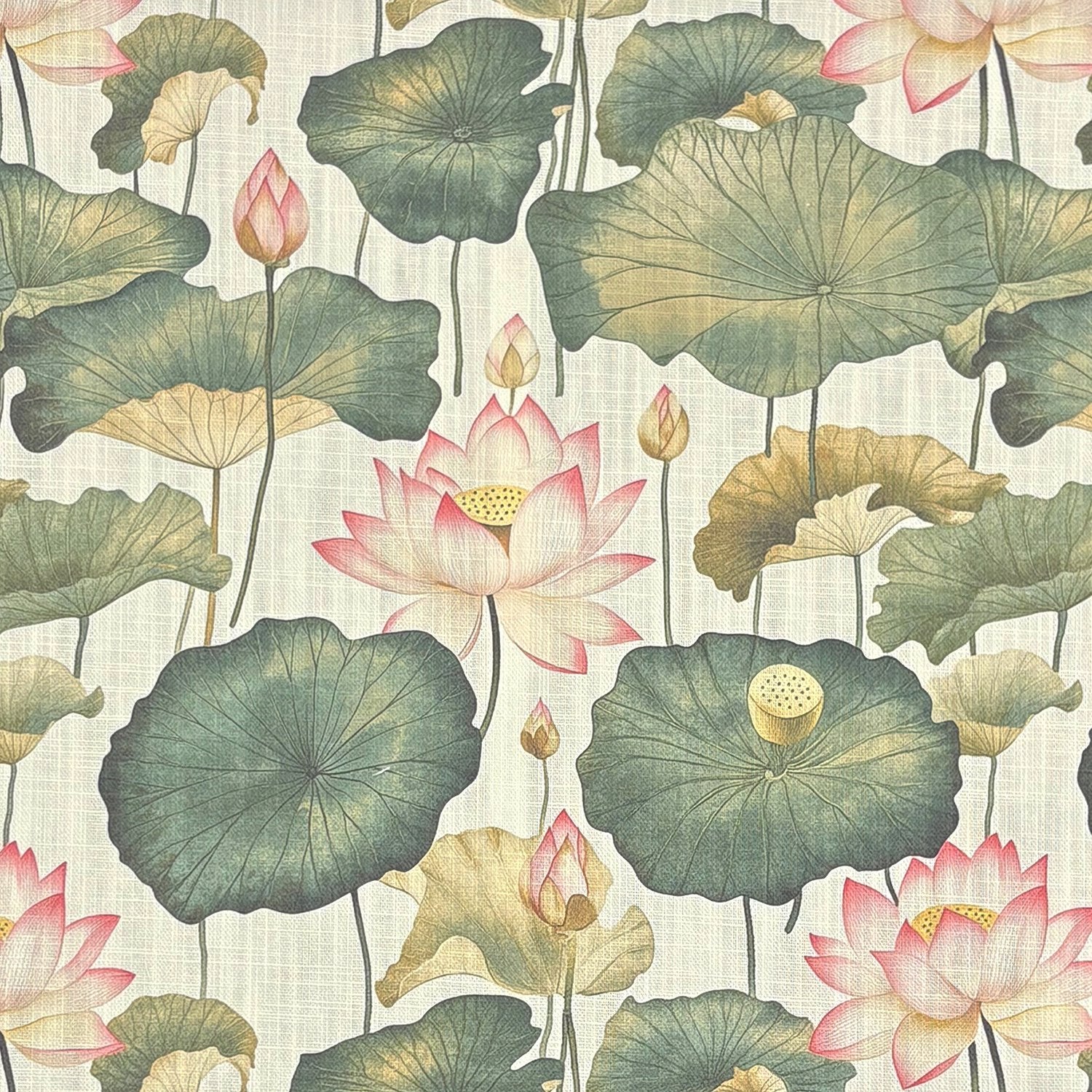 Flat fabric image showing Lotus Upholstery Fabric No.4 with pink lotus flowers and green leaves – upholstery fabric
