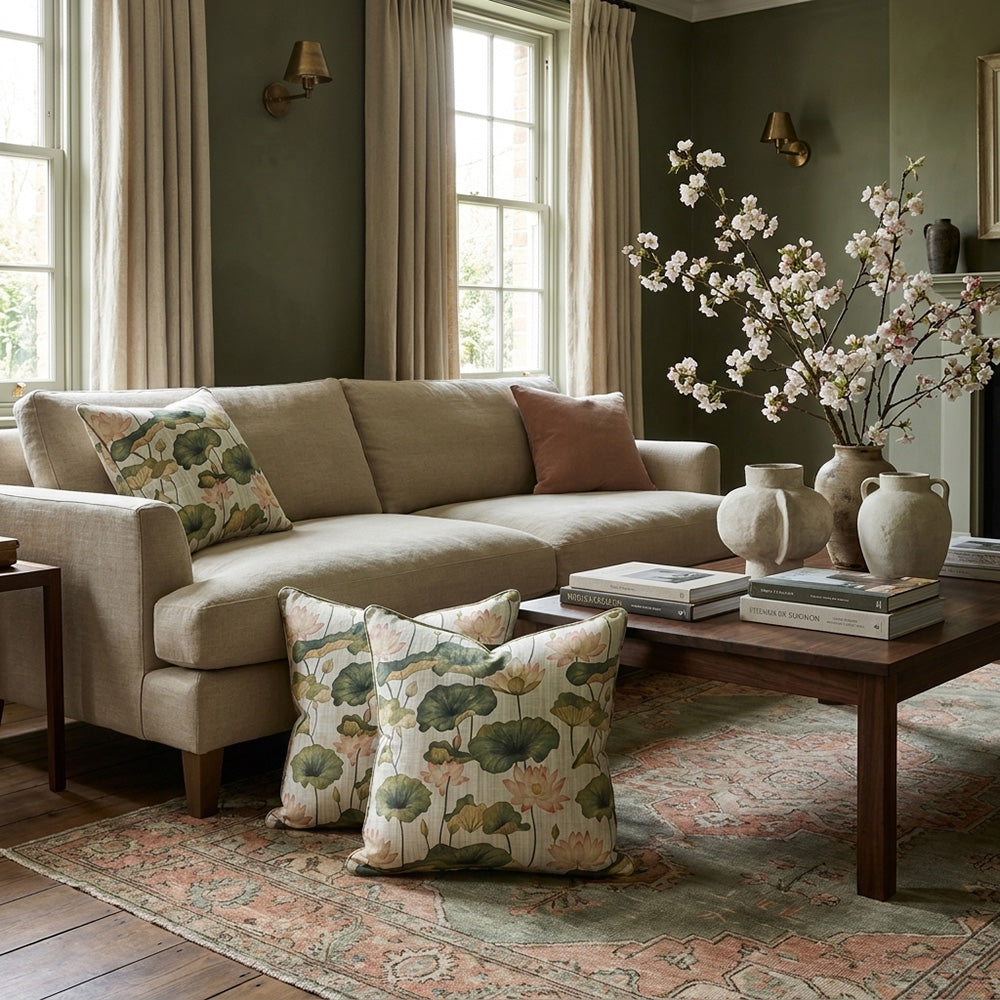 Lotus No.5 sage green and pink floral linen curtain fabric shown on a cushion