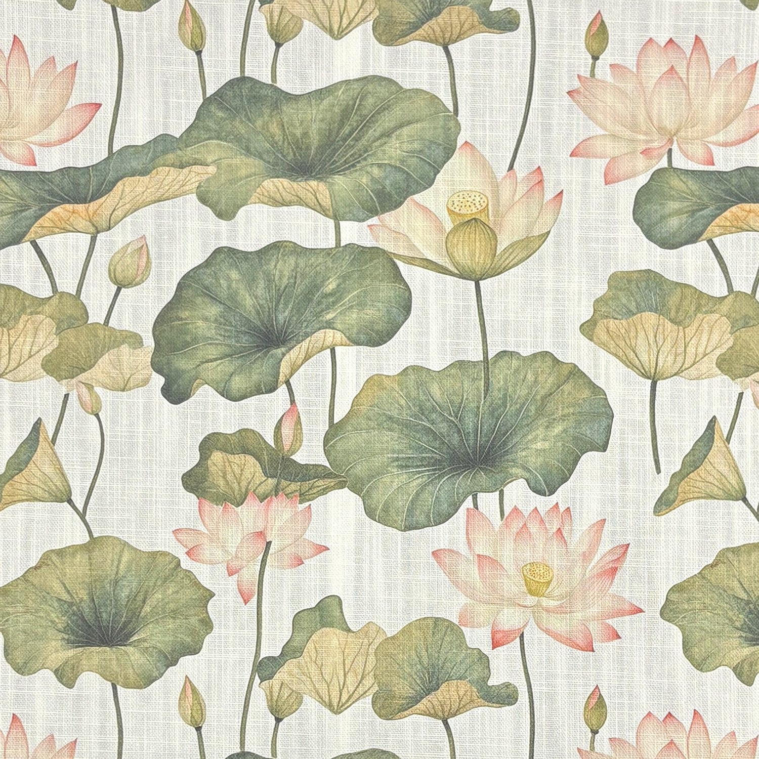 Close-up of Lotus No.5 floral upholstery fabric with sage green lotus leaves and soft pink flowers