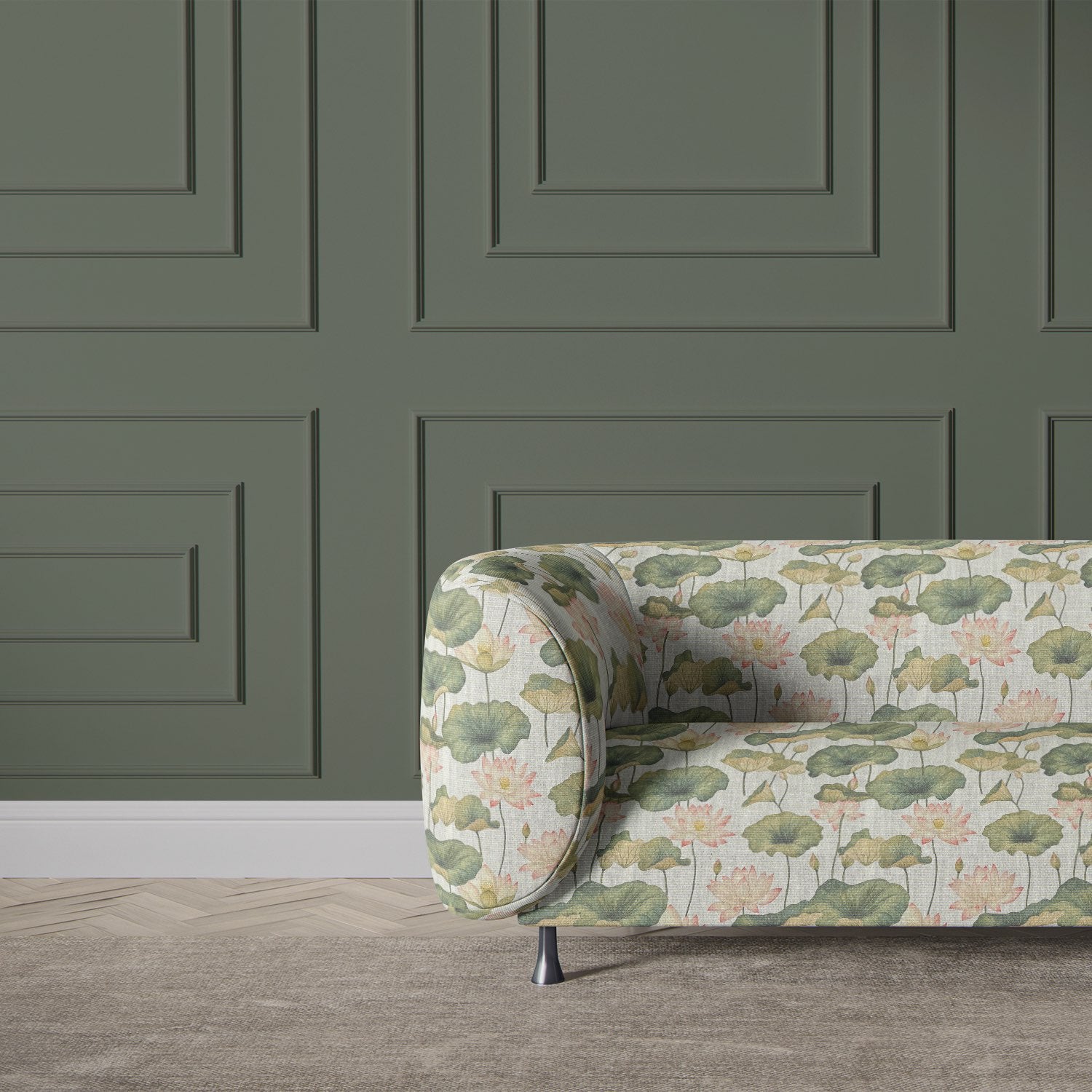 Lotus No.5 floral upholstery fabric on modern rounded sofa with sage green wall panel background