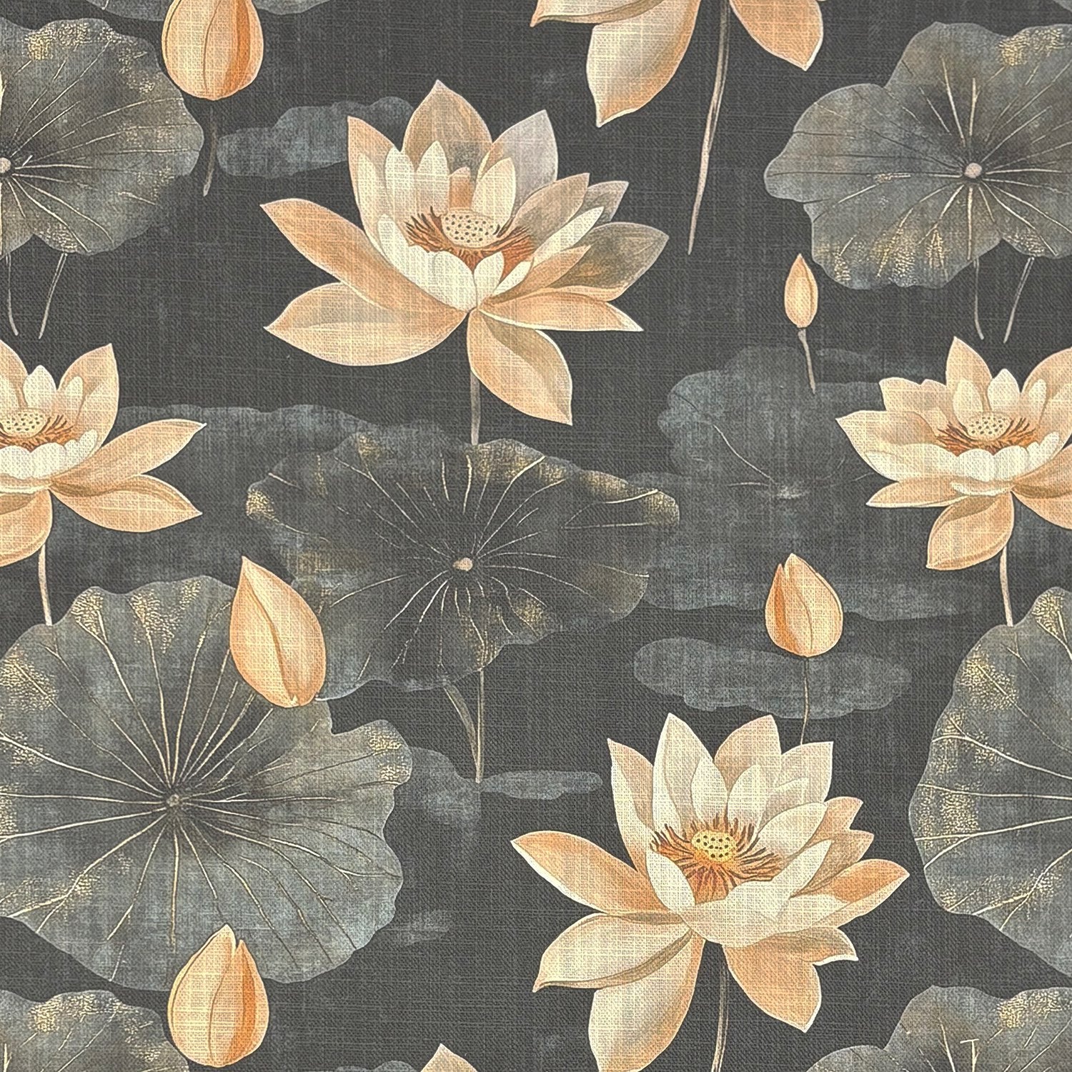 Flat lay of Lotus No.6 floral upholstery fabric in charcoal with peach lotus flowers