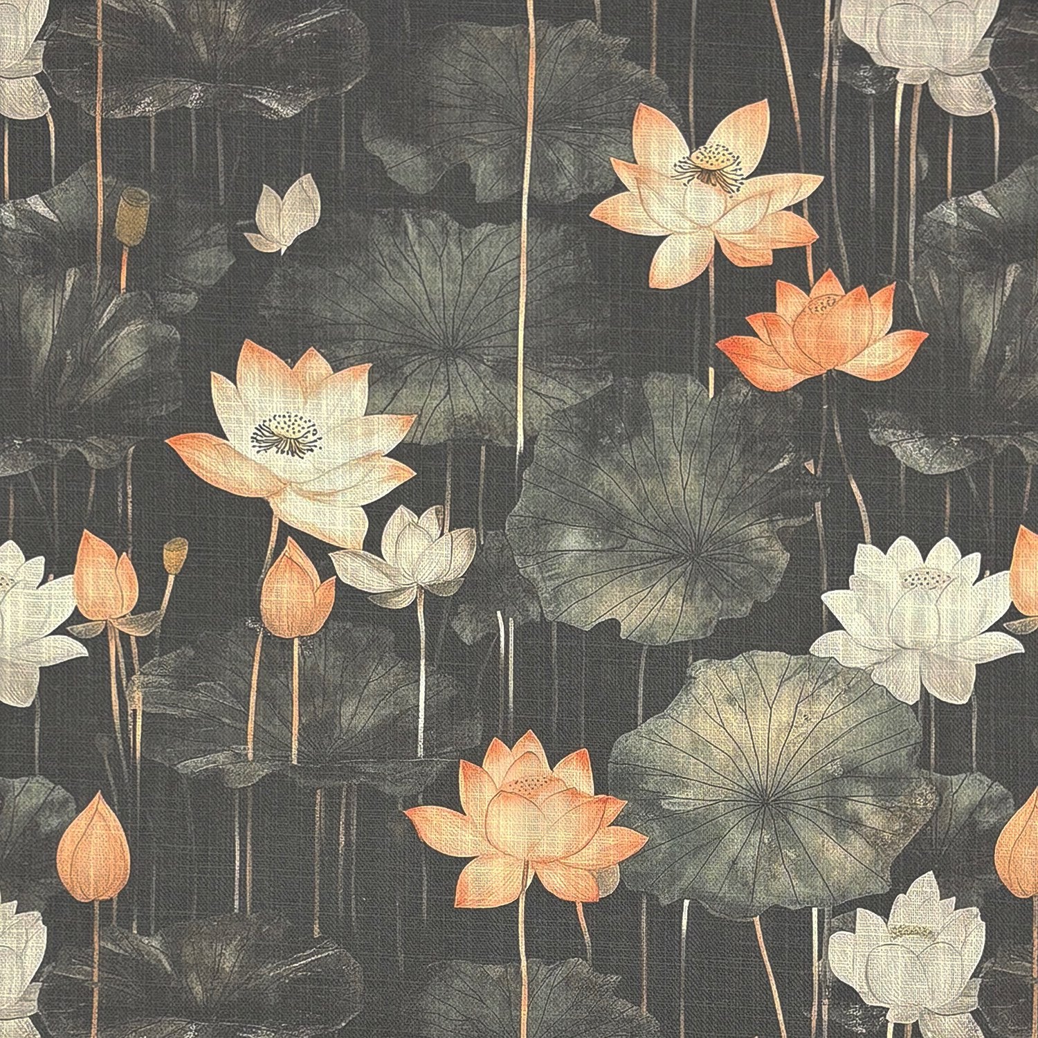 Flat image showing Lotus No.7 floral upholstery fabric with lotus blooms and dark leaves on a charcoal background