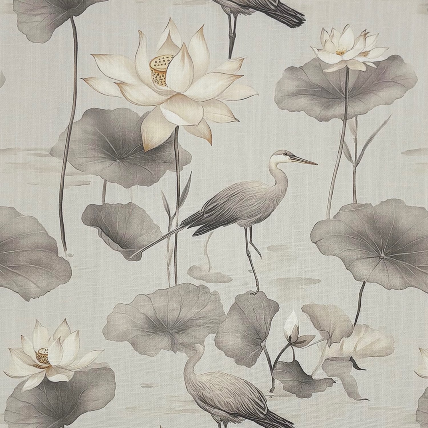 Lotus No.8 floral upholstery fabric with herons, lotus flowers, and lily pads in soft grey tones