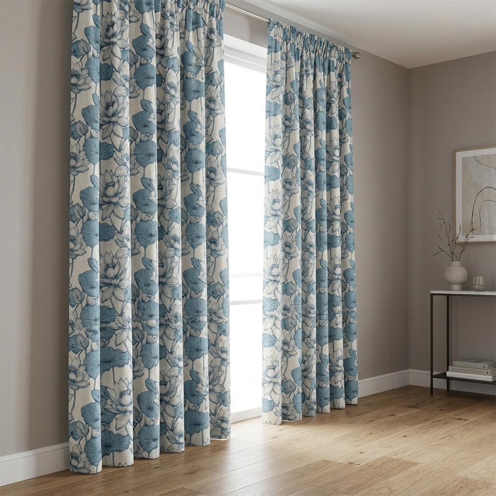 Lotus No.9 blue floral linen curtain fabric shown as full length curtains