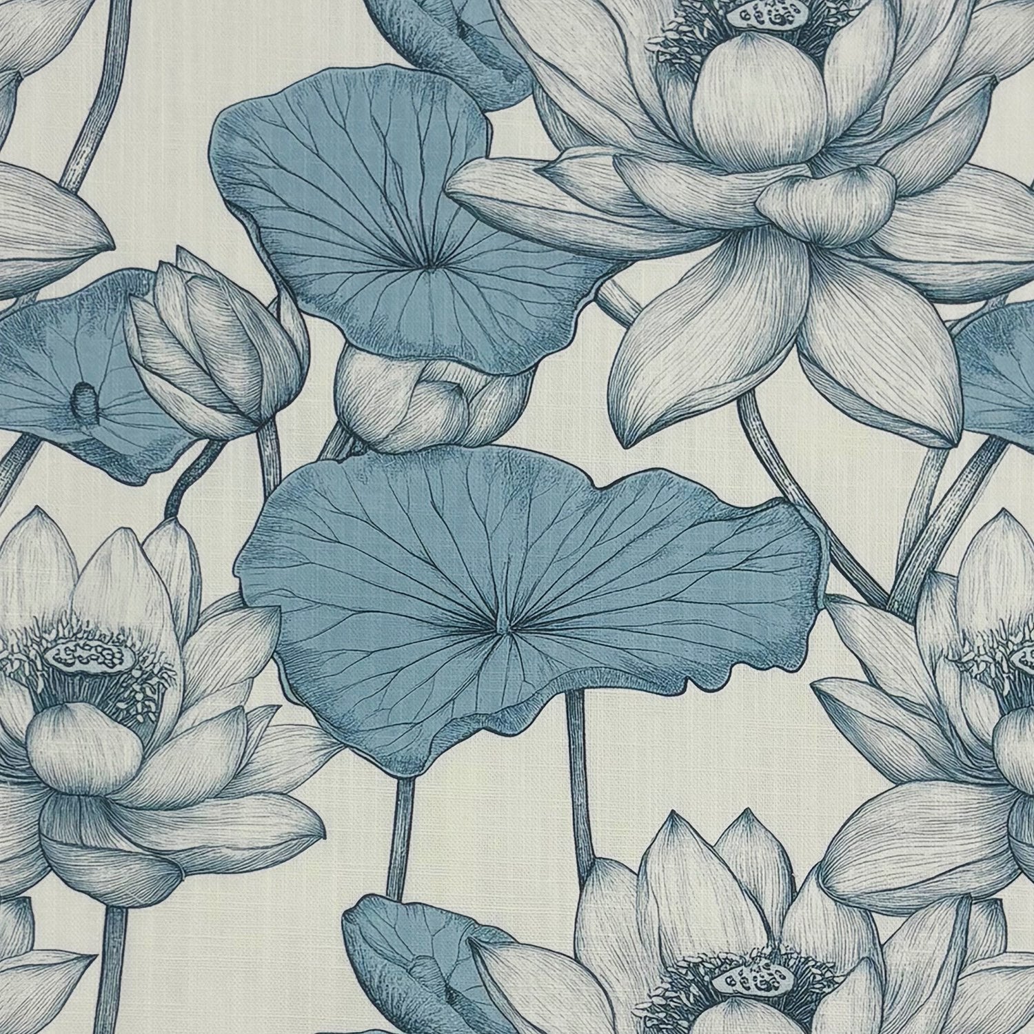 Lotus No.9 blue floral upholstery fabric with sketch-style lotus flowers and lily pads