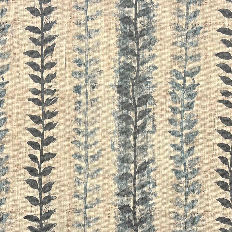 Lovverk Stripe No.10 soft blue leaf stripe upholstery fabric on a natural linen-toned ground