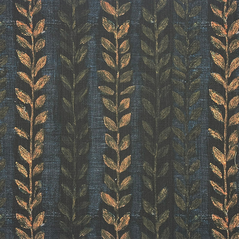 Lovverk Stripe No.2 dark blue and rust Scandinavian leaf stripe upholstery fabric